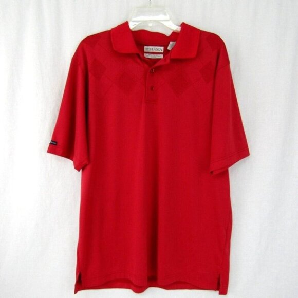 Tehama Red Diamond Weave Golf Polo Shirt Mens Size L Red Short Slv Hang Em Dry - Picture 12 of 13